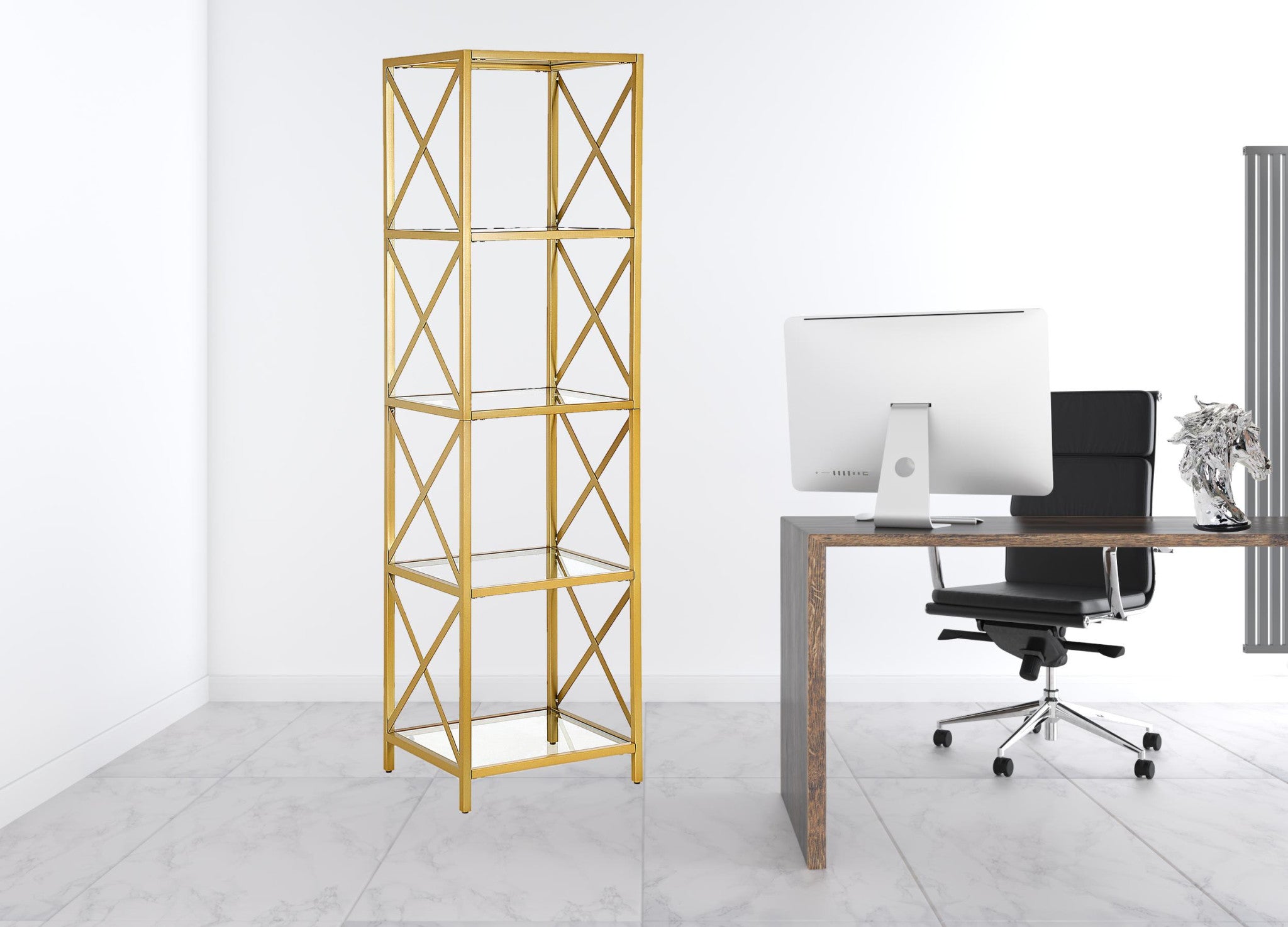 66" Gold Metal And Glass Four Tier Etagere Bookcase