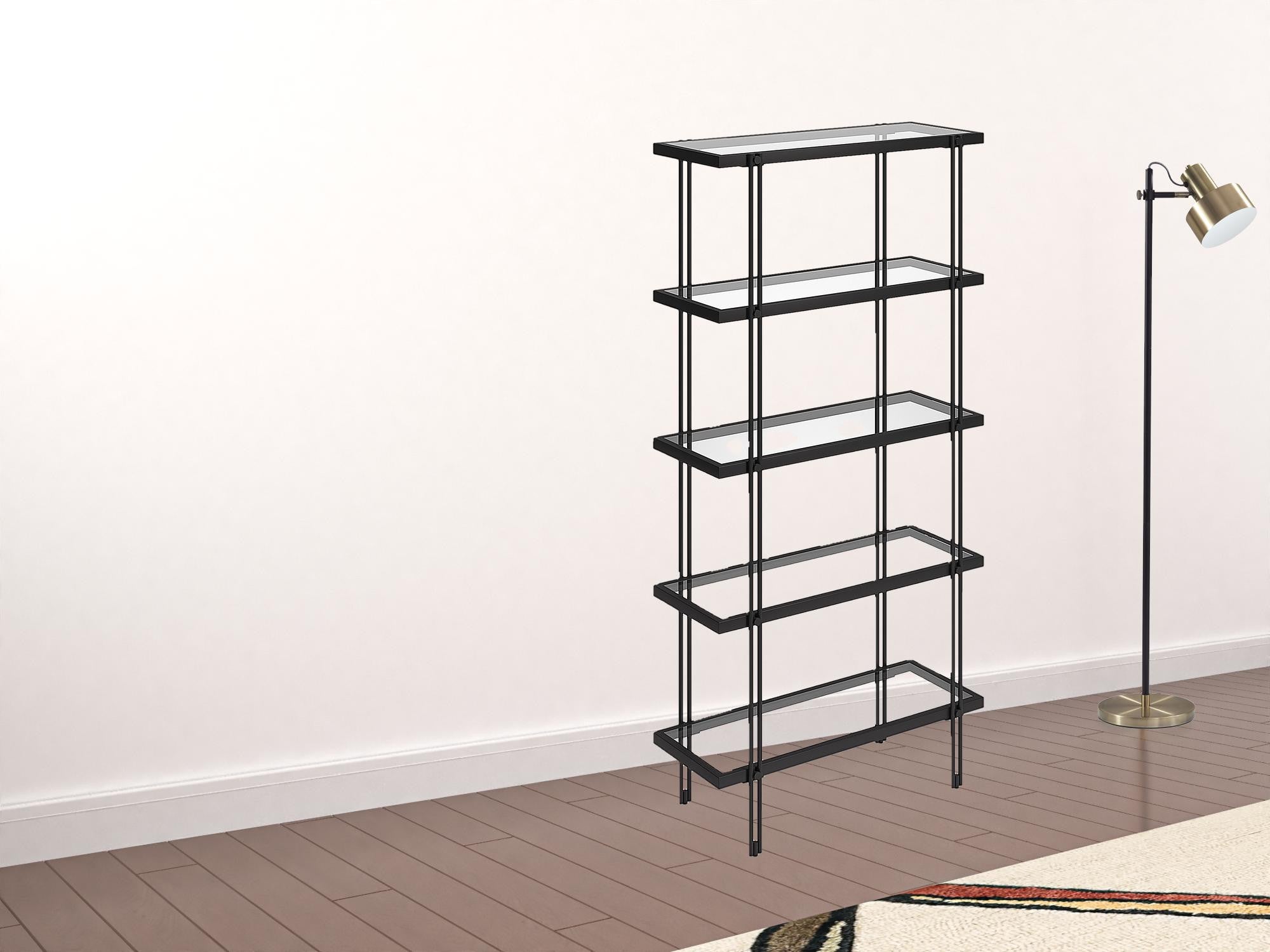 68" Black Metal And Glass Five Tier Standard Bookcase