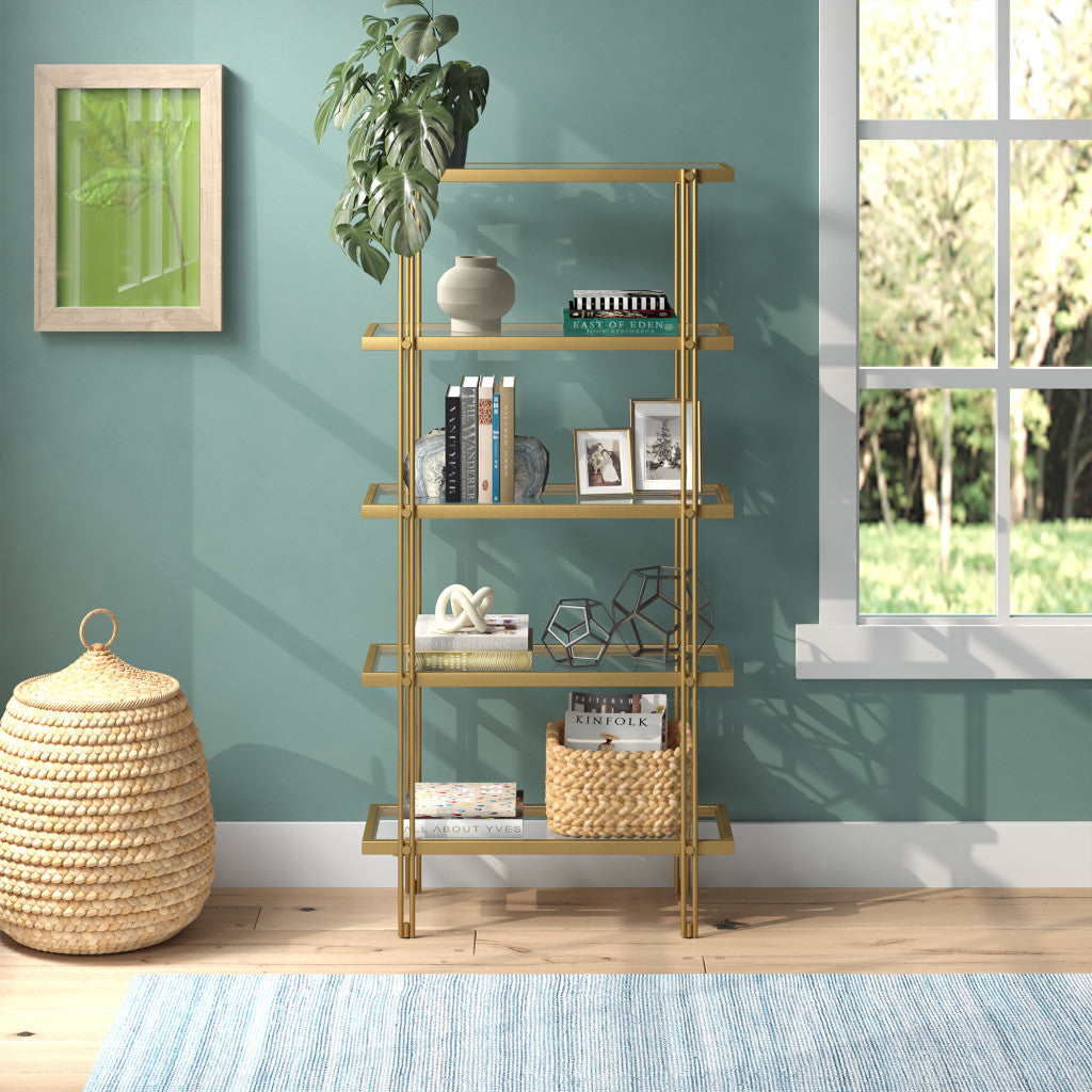 68" Gold Metal And Glass Five Tier Standard Bookcase