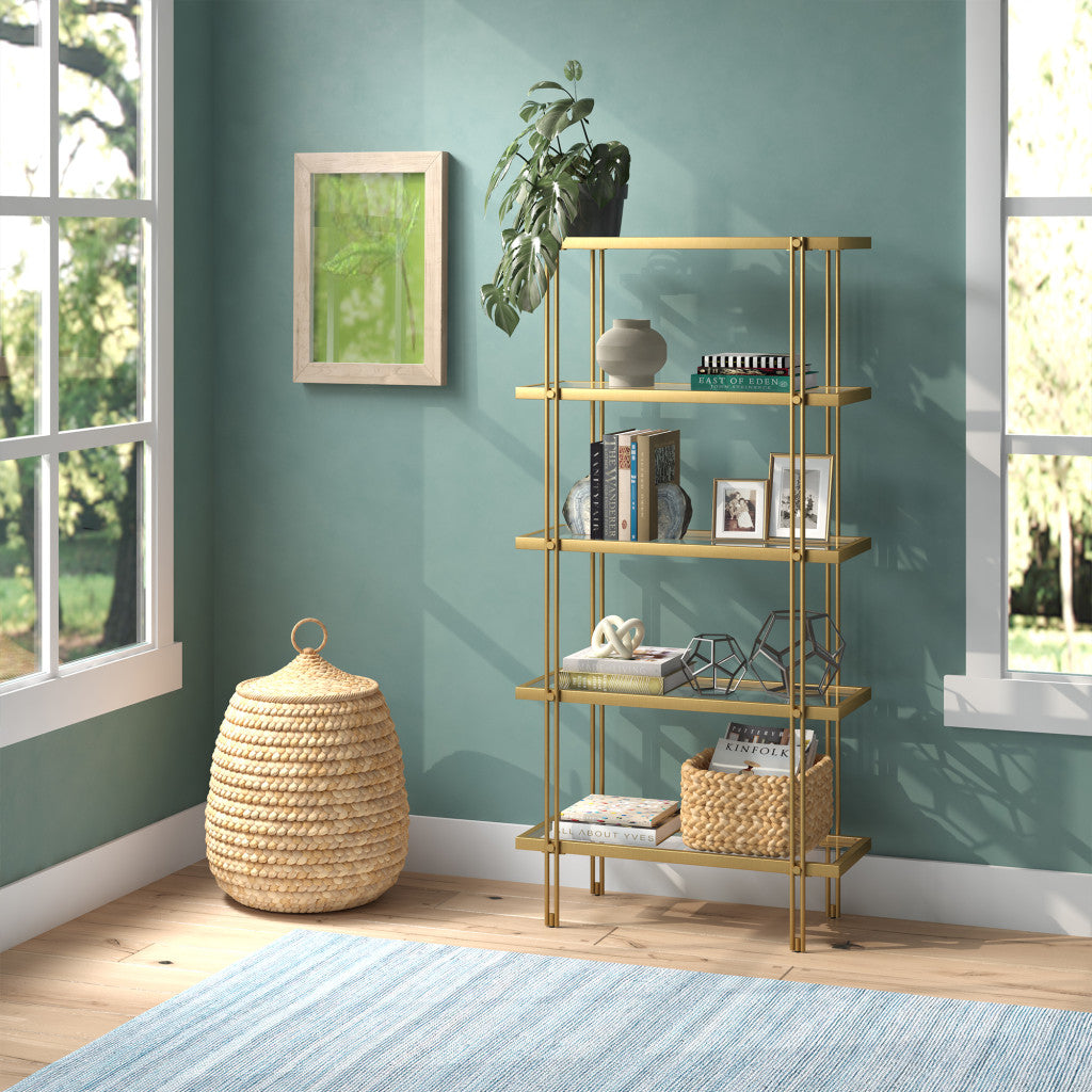 68" Gold Metal And Glass Five Tier Standard Bookcase