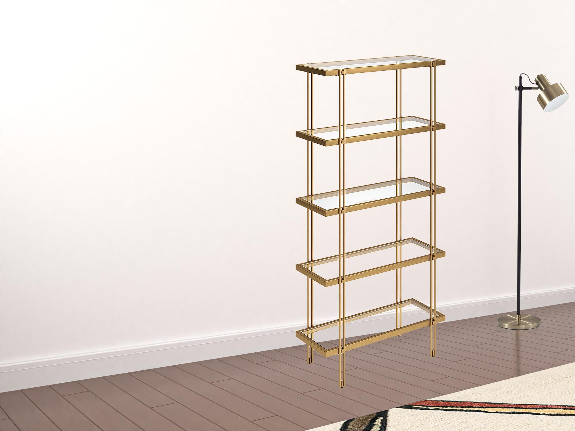 68" Gold Metal And Glass Five Tier Standard Bookcase