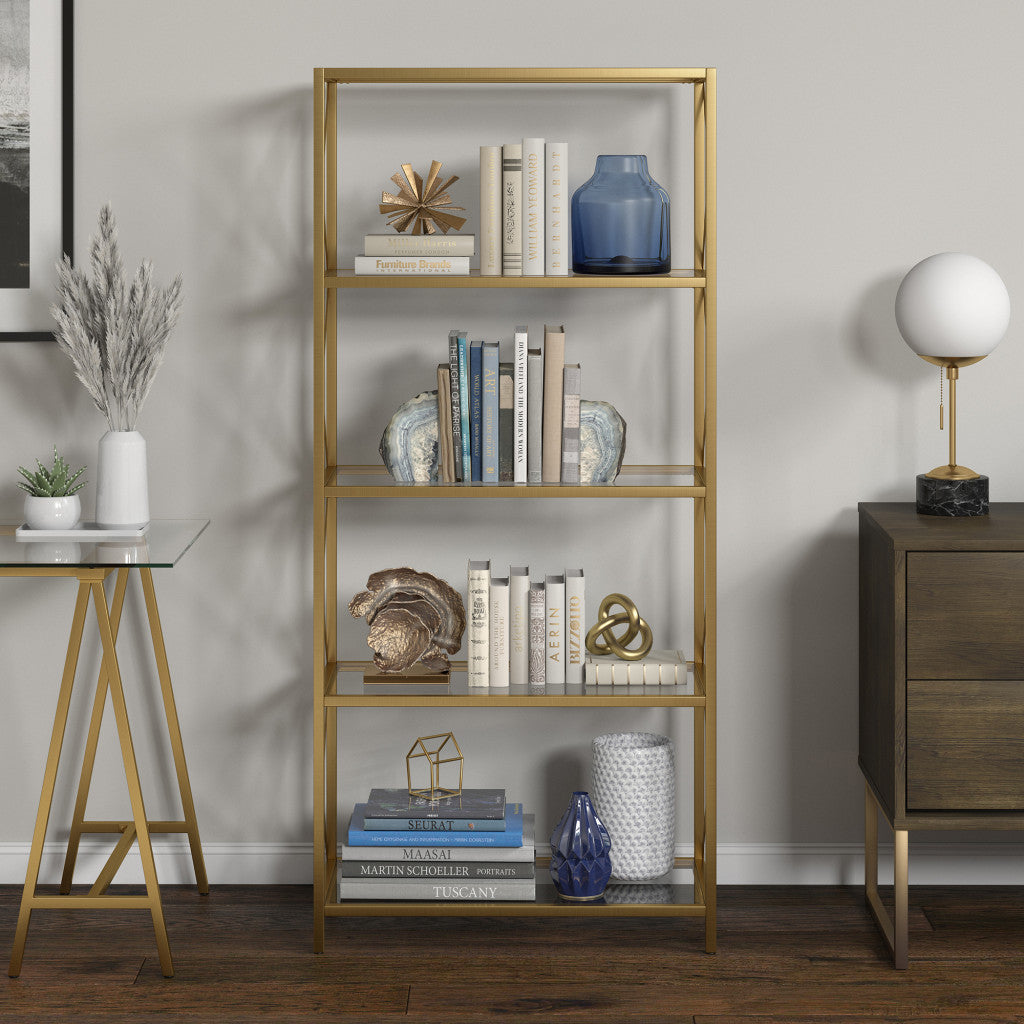 66" Gold Metal And Glass Five Tier Etagere Bookcase