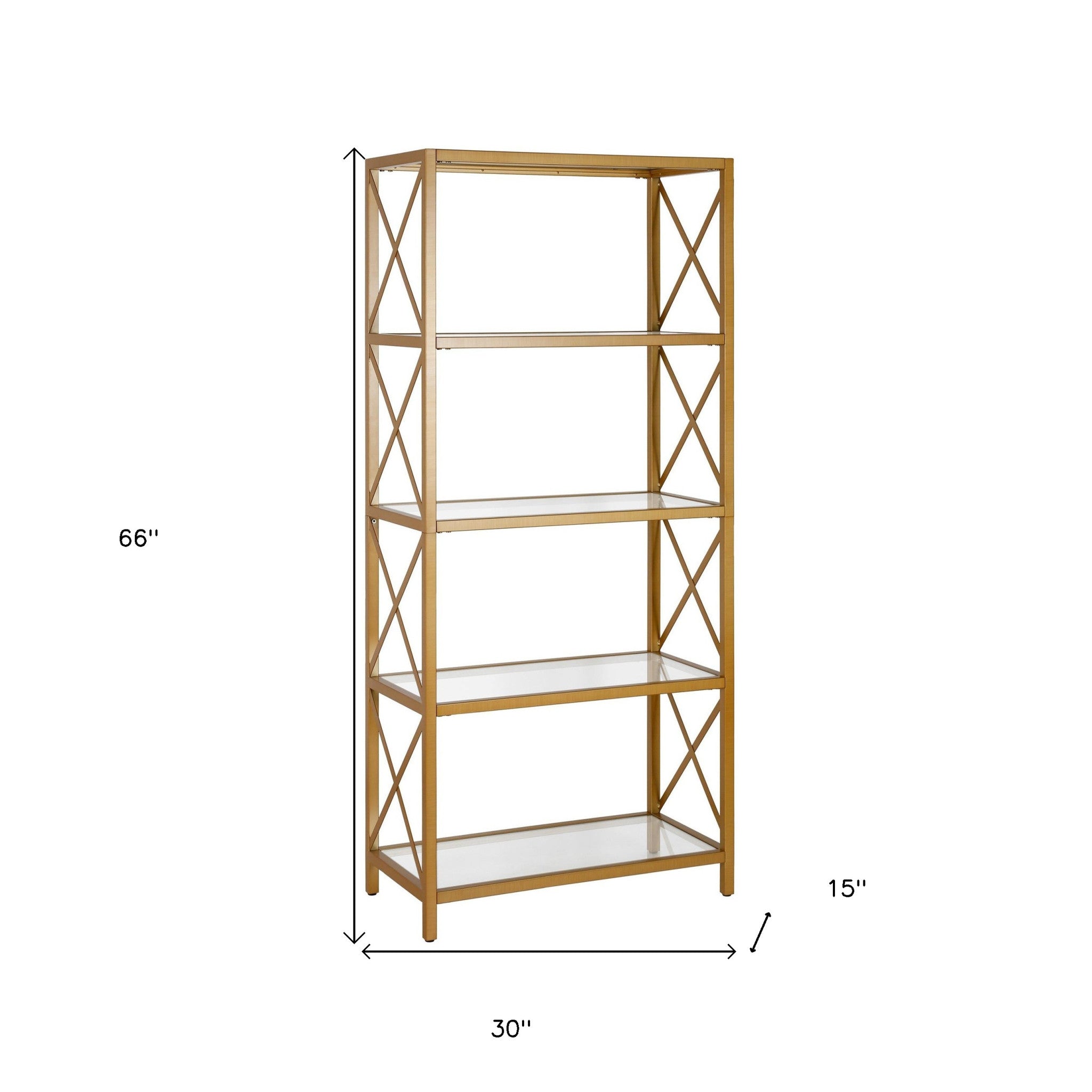 66" Gold Metal And Glass Five Tier Etagere Bookcase