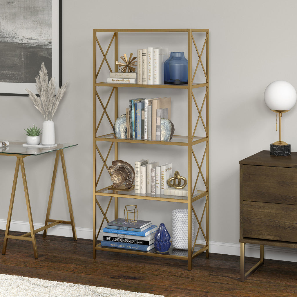 66" Gold Metal And Glass Five Tier Etagere Bookcase