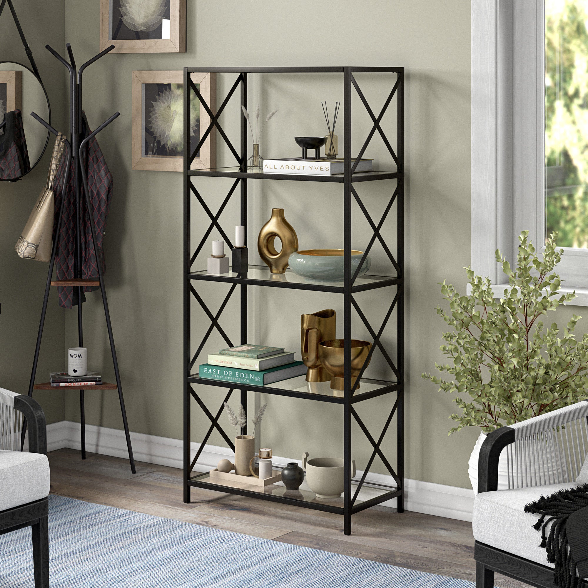 66" Black Metal And Glass Five Tier Etagere Bookcase