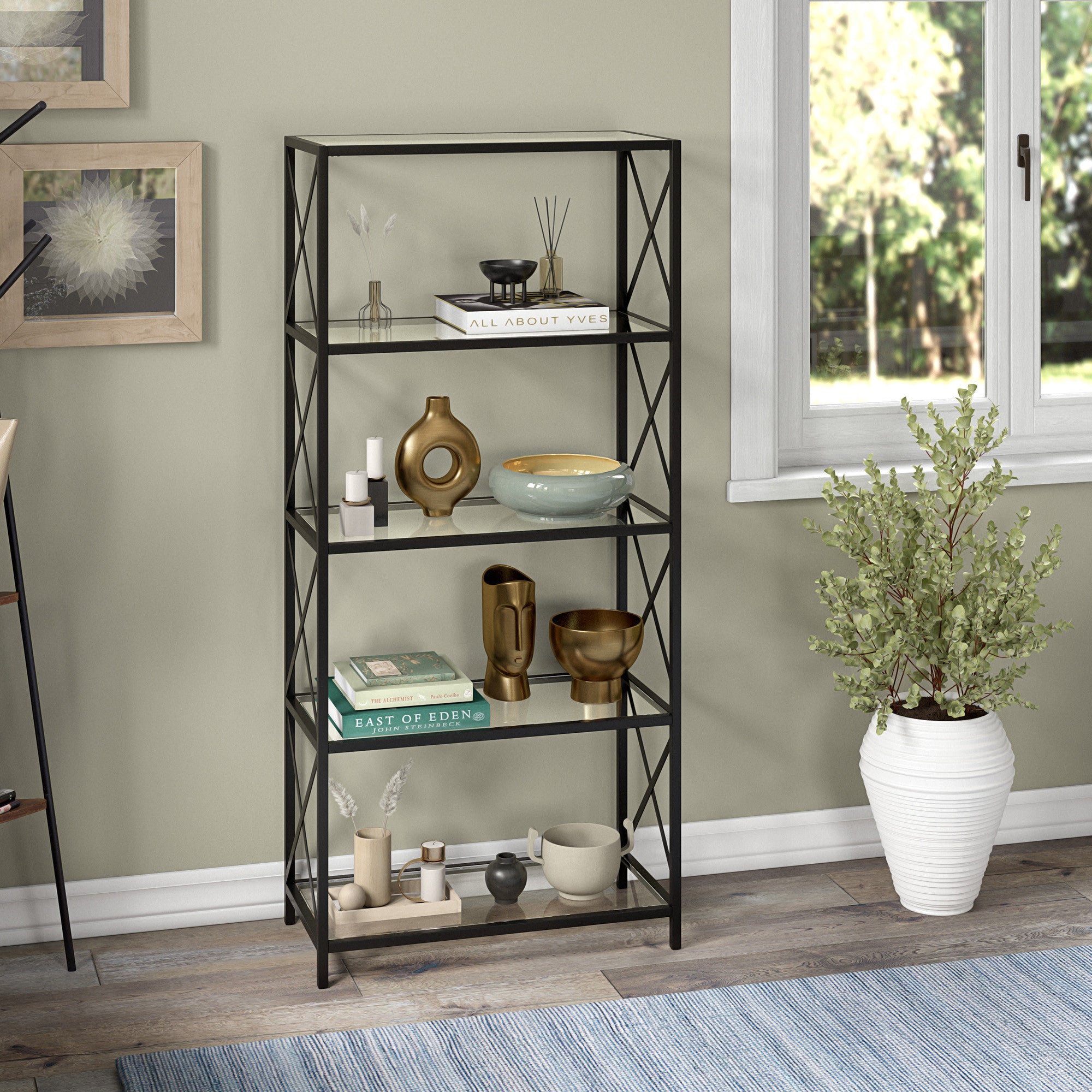 66" Black Metal And Glass Five Tier Etagere Bookcase