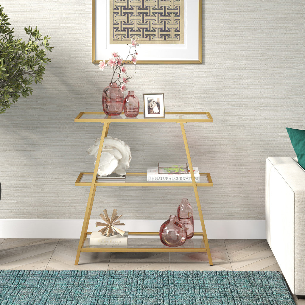 36" Gold Metal And Glass Three Tier Etagere Bookcase