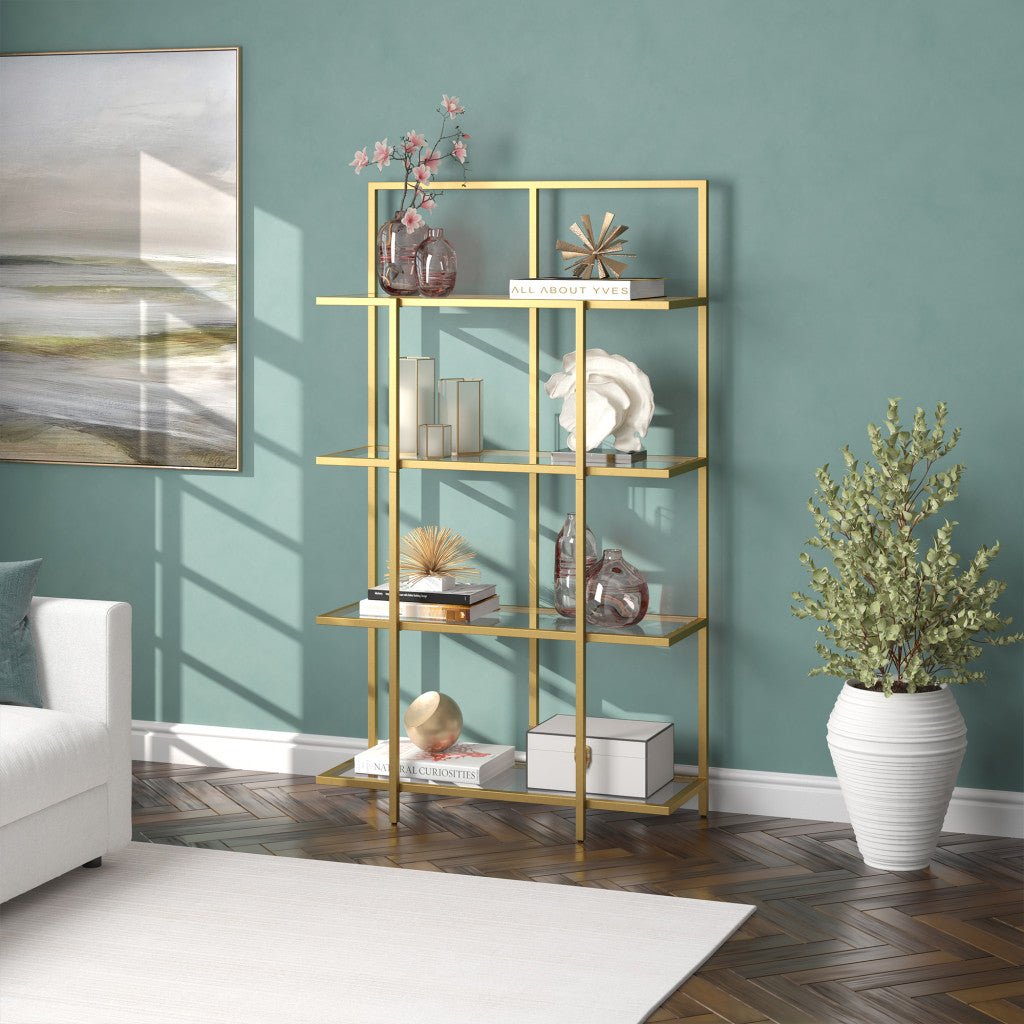 62" Gold Metal And Glass Four Tier Etagere Bookcase