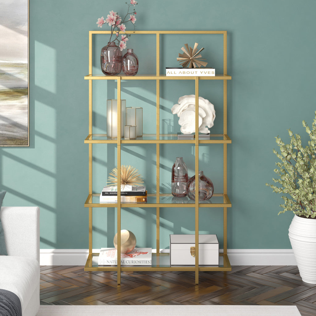 62" Gold Metal And Glass Four Tier Etagere Bookcase