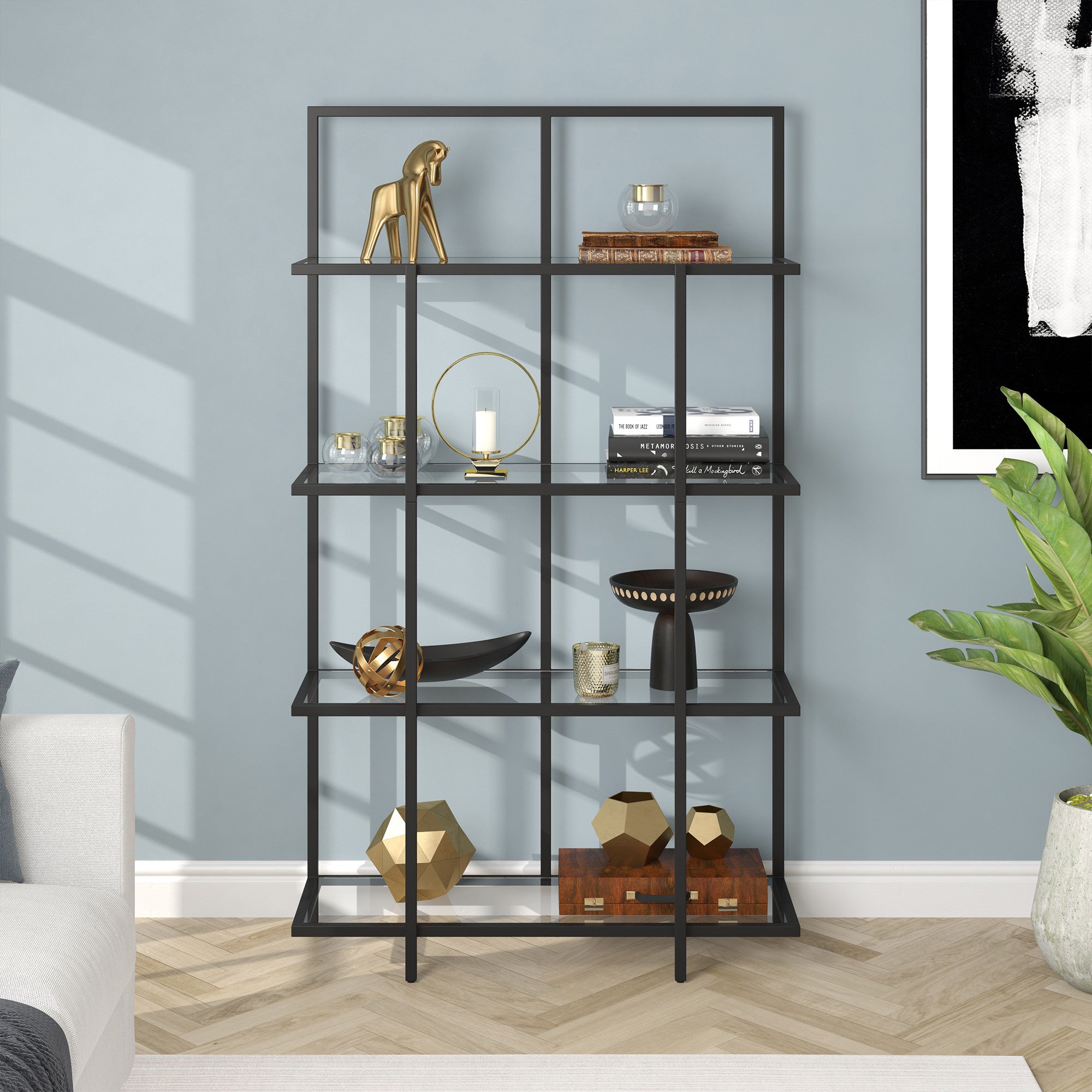 62" Black Metal And Glass Four Tier Etagere Bookcase