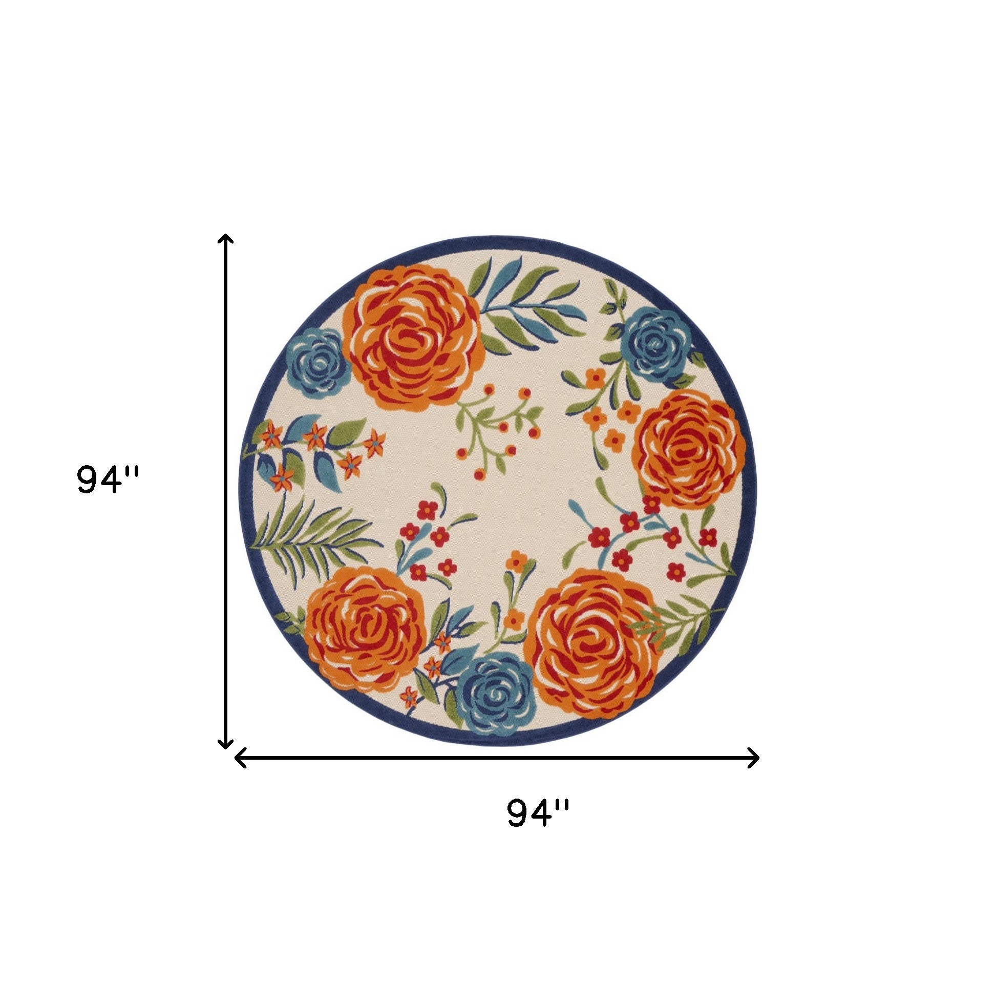 8' Blue and Orange Round Floral Power Loom Area Rug