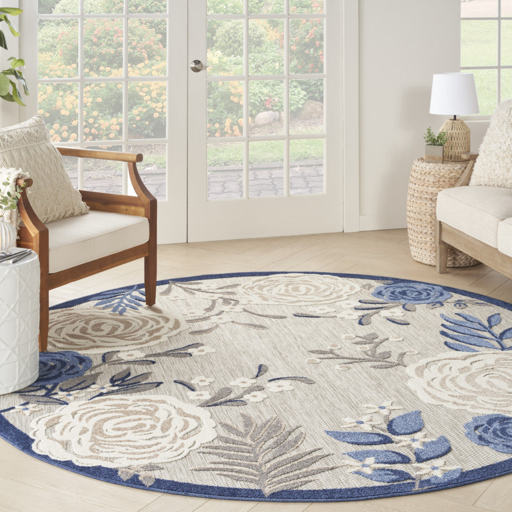 8' Blue and Orange Round Floral Power Loom Area Rug