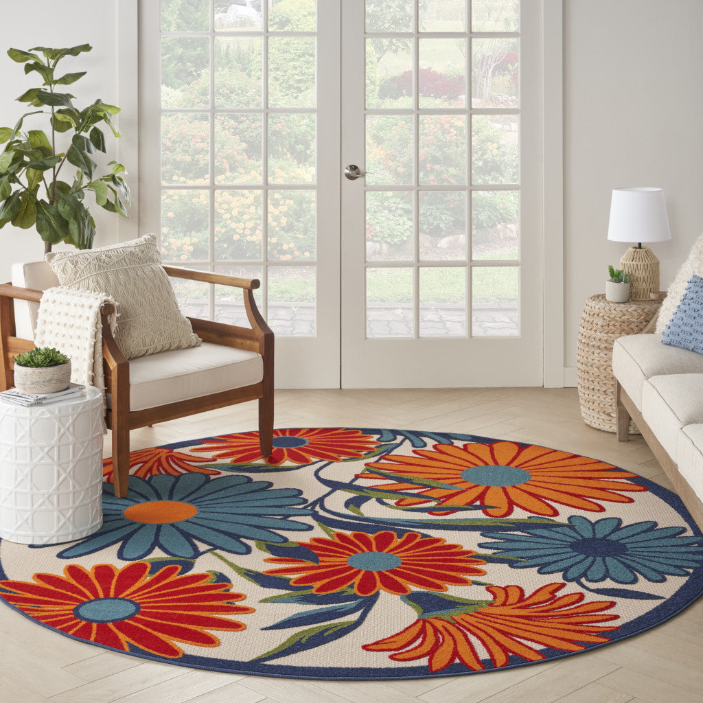 8' Blue and Orange Round Floral Power Loom Area Rug