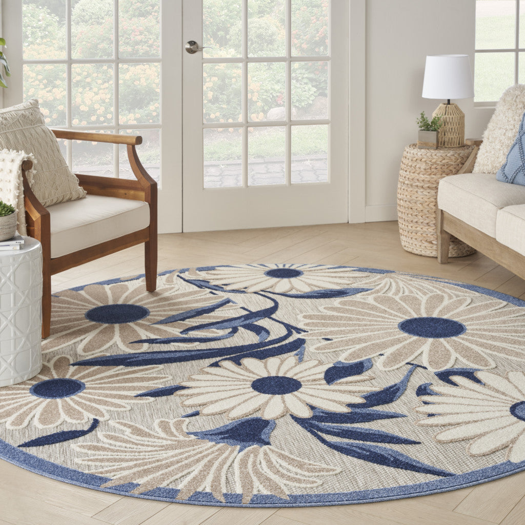 8' Blue and Orange Round Floral Power Loom Area Rug