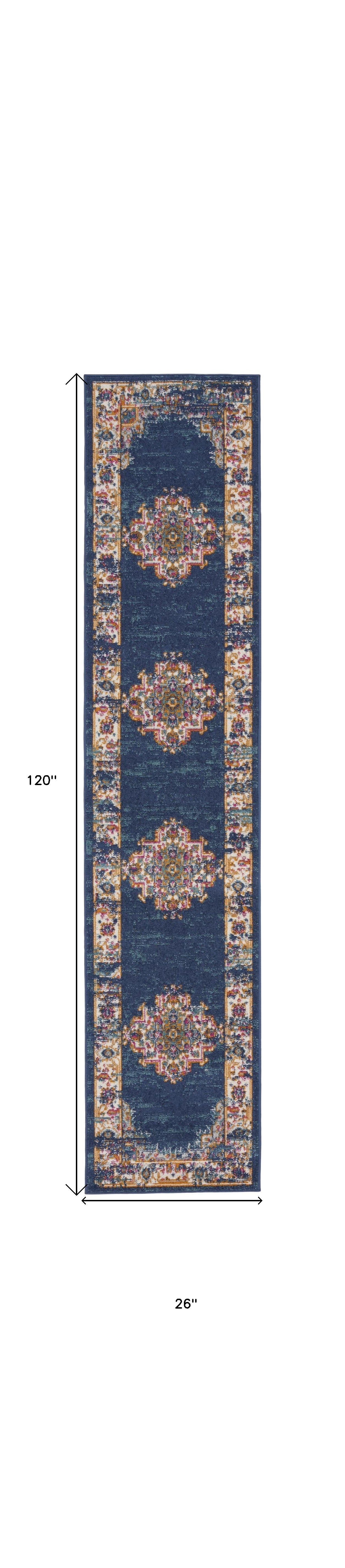 10' Blue and Ivory Oriental Power Loom Distressed Runner Rug