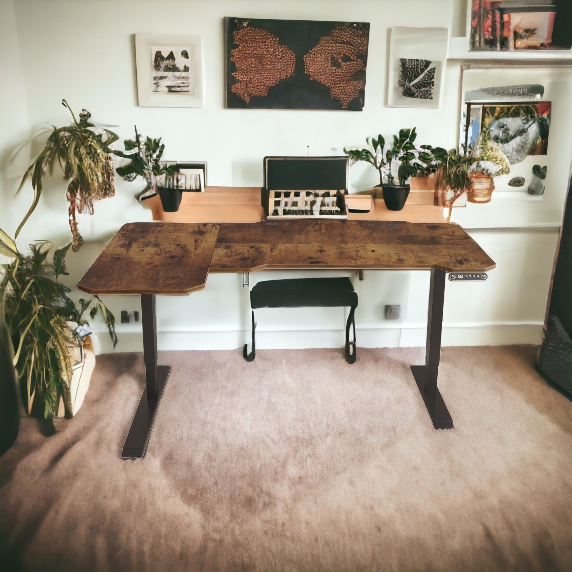 59" Adjustable Brown And Black And Black L Shape Standing Desk