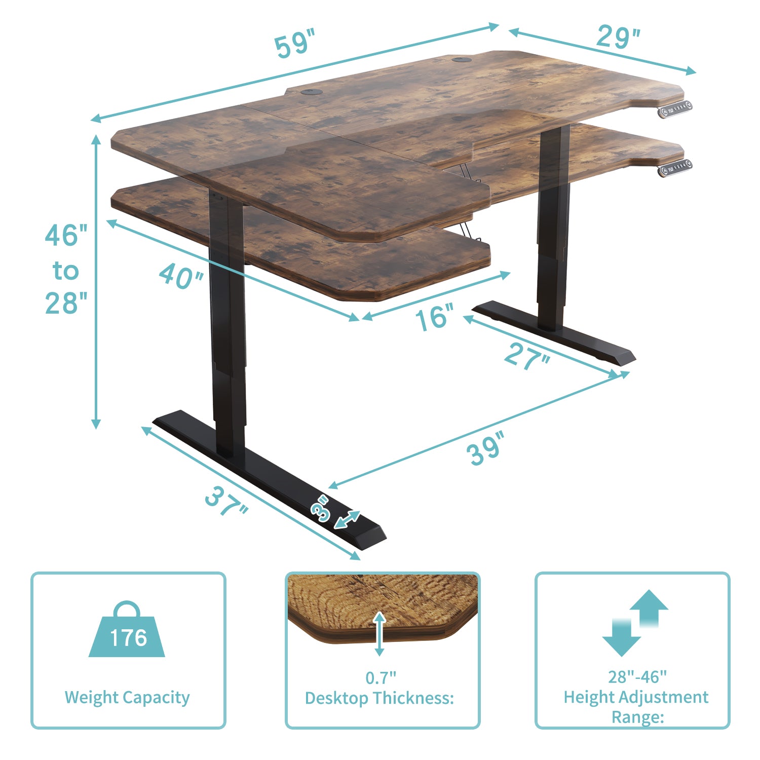 59" Adjustable Brown And Black And Black L Shape Standing Desk