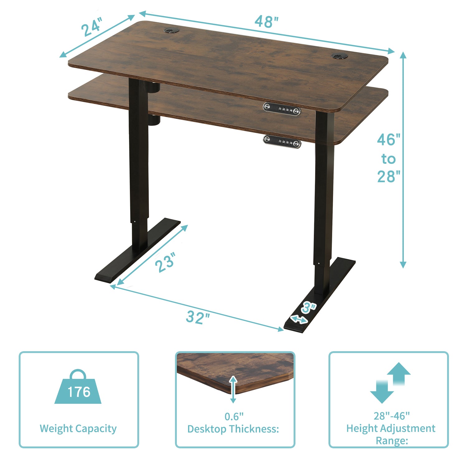 48" Adjustable Brown And Black And Black Standing Desk