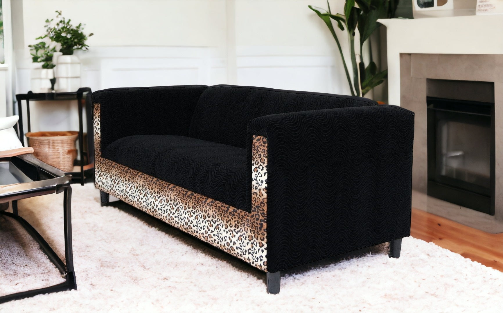 72" Black Faux leather Animal Print Sofa