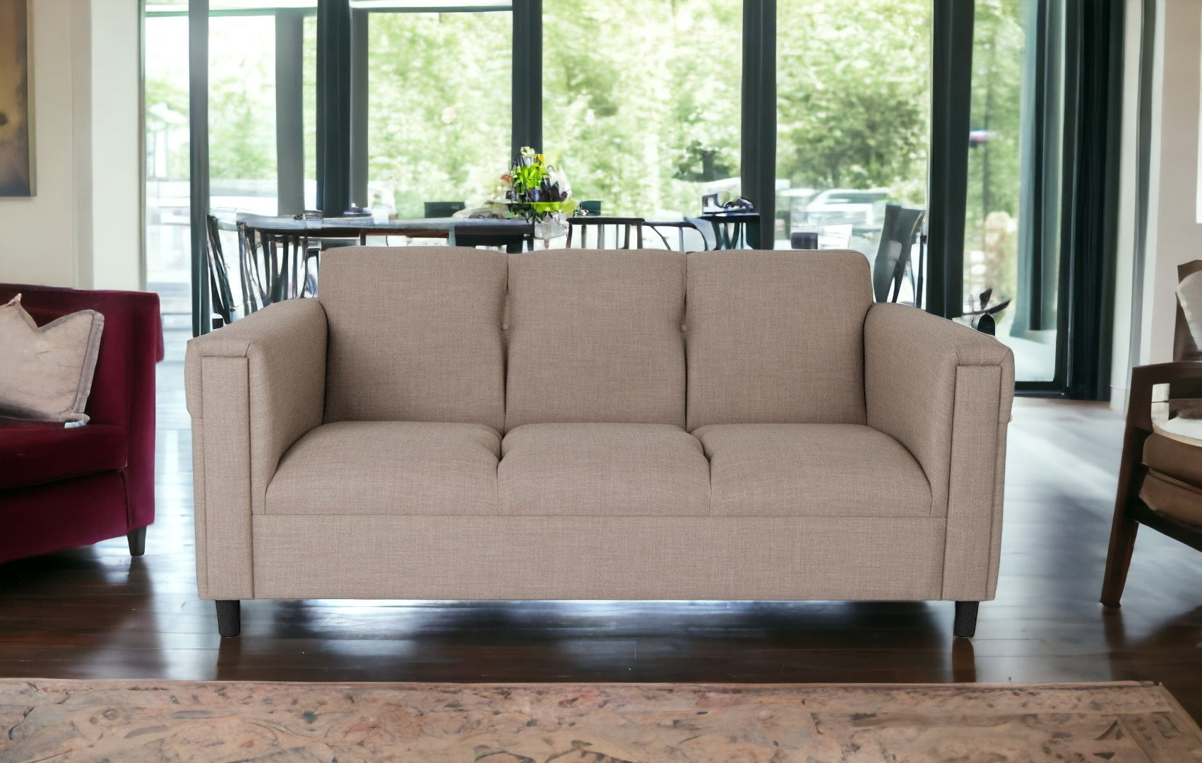 72" Beige Polyester And Black Sofa