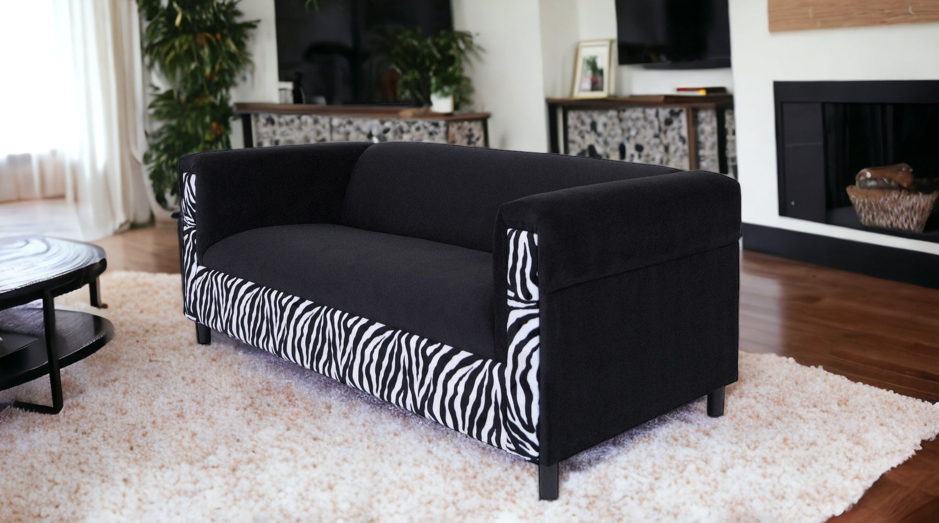 72" Black Suede Animal Print Sofa