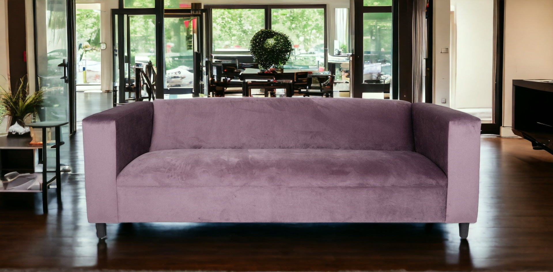 72" Lavender Blue Velvet And Black Sofa