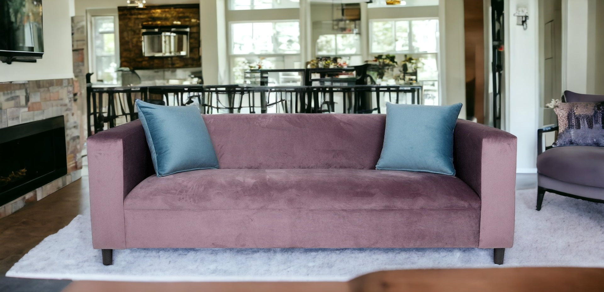 72" Lavender Velvet And Black Sofa With Toss Pillows