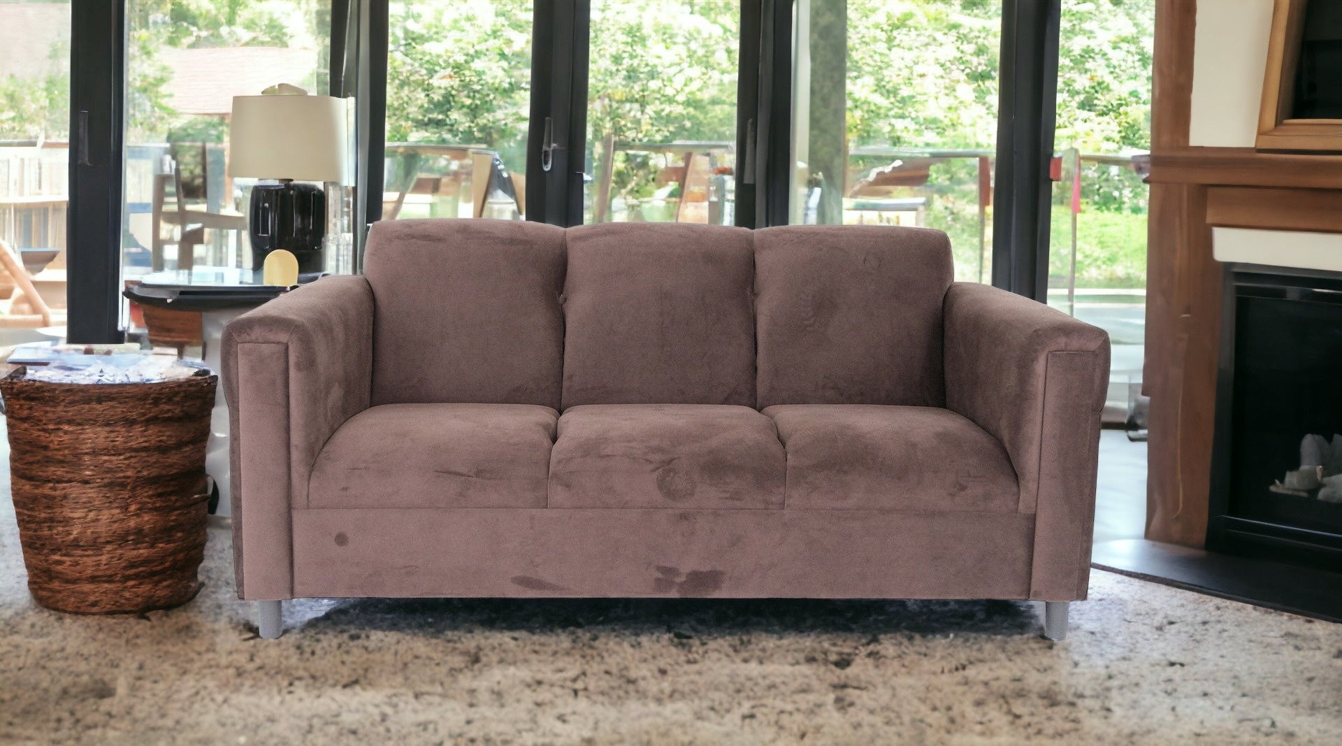 72" Dark Brown Suede And Black Sofa