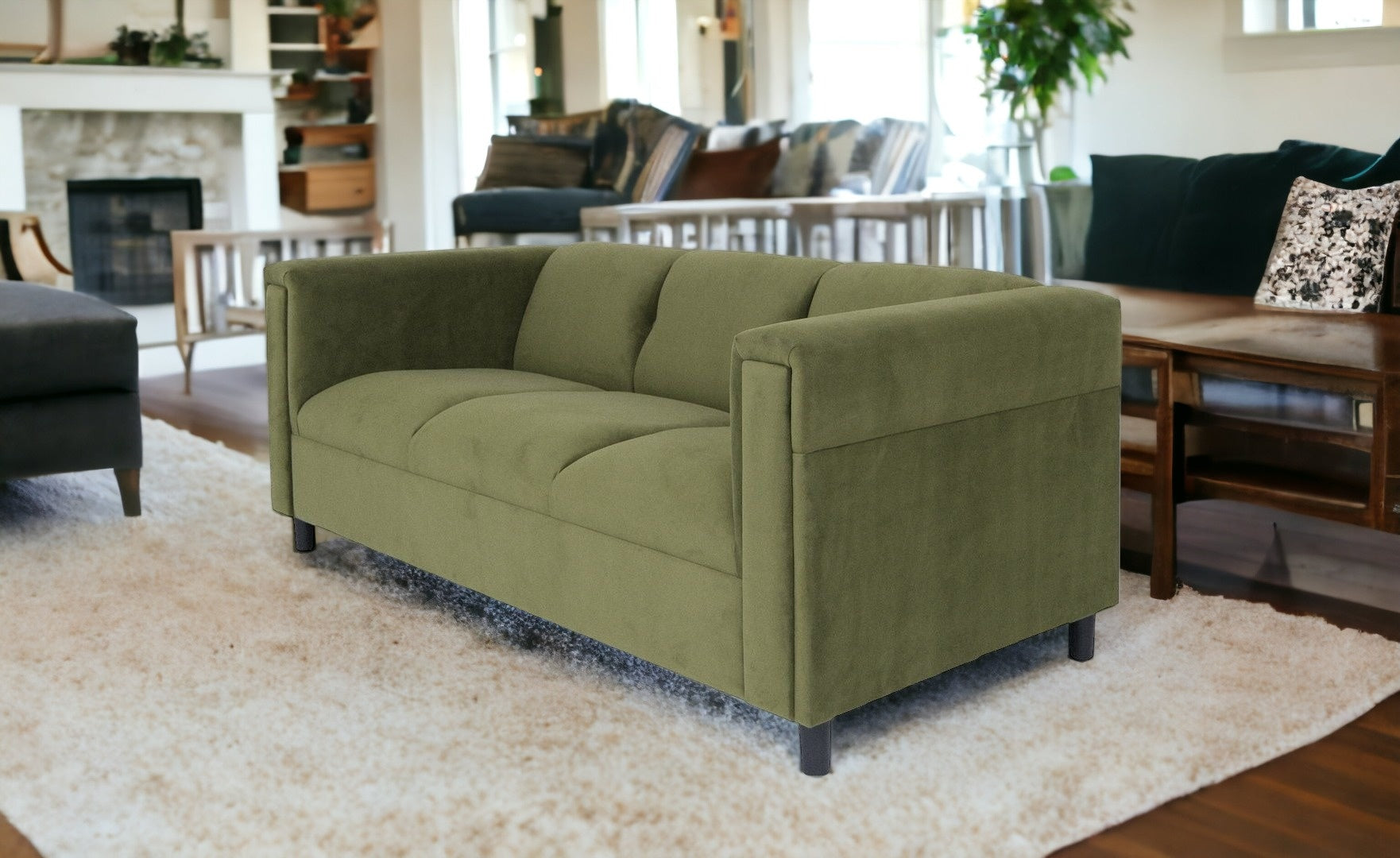 72" Moss Green Suede And Black Sofa