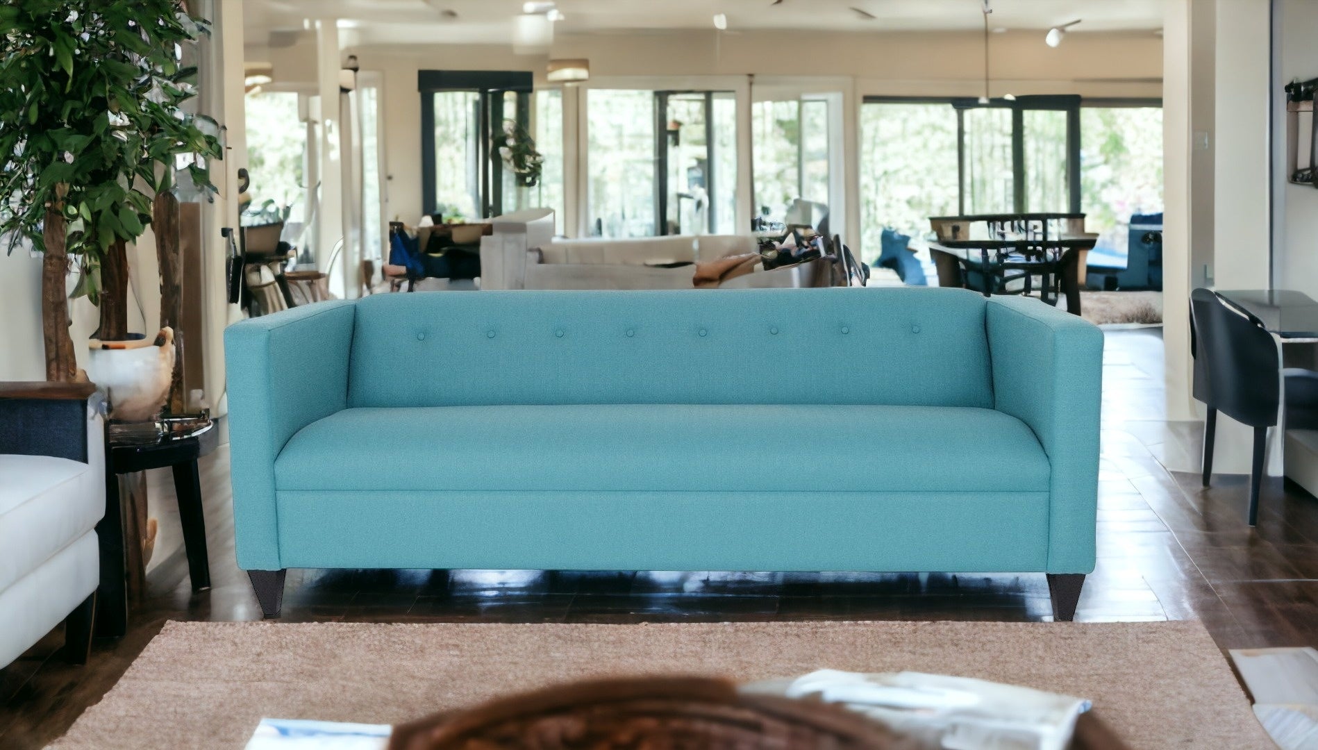 80" Teal Blue Polyester And Dark Brown Sofa