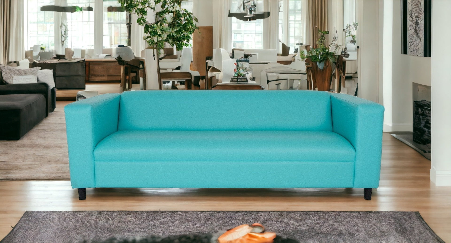 84" Teal Blue Faux Leather And Black Sofa