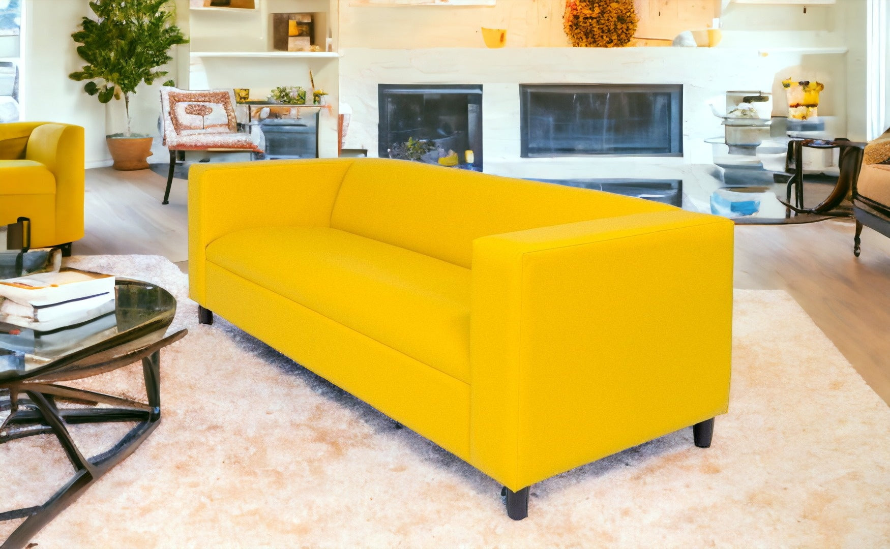 84" Yellow Faux Leather And Black Sofa