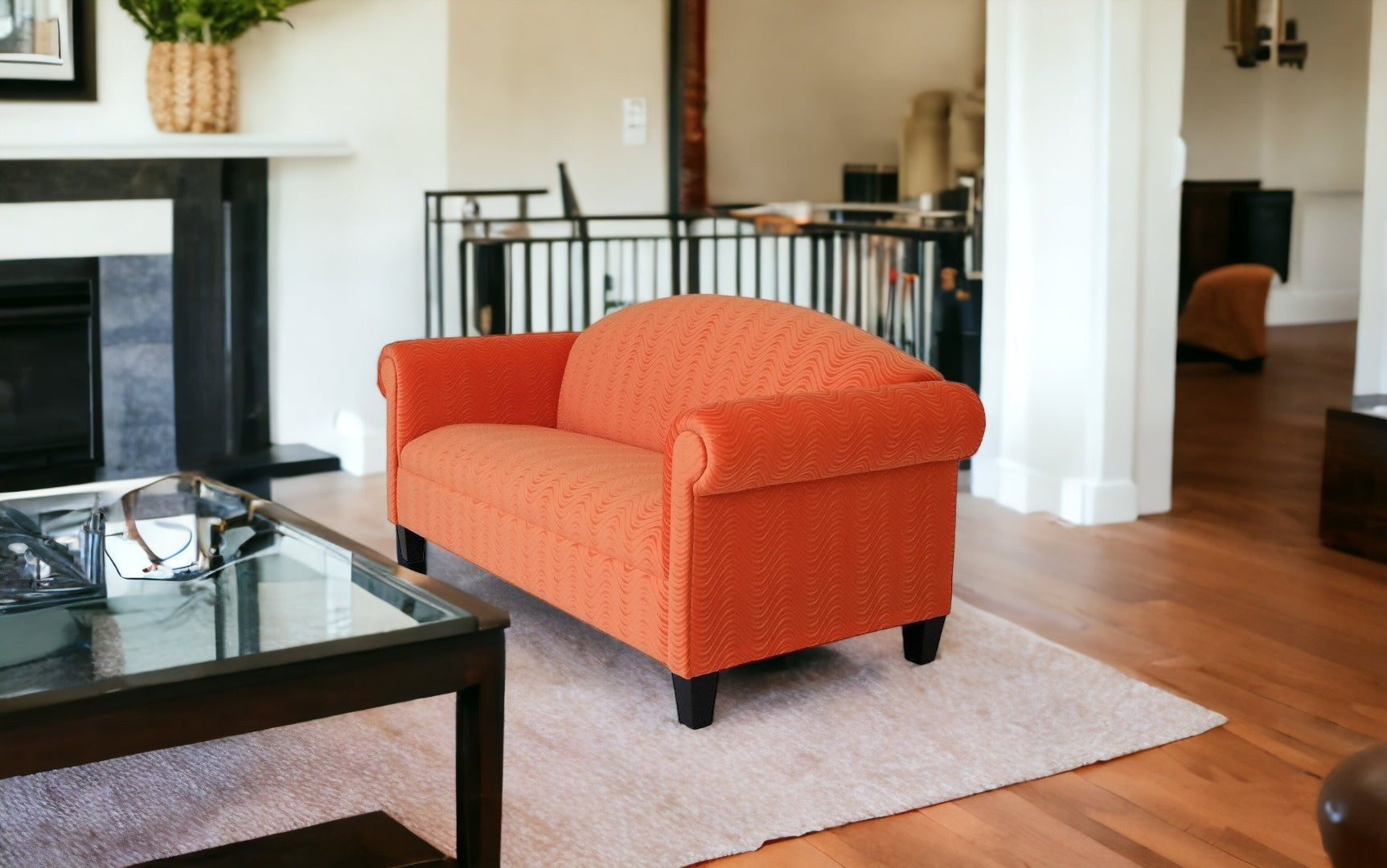 84" Orange Velvet And Black Sofa