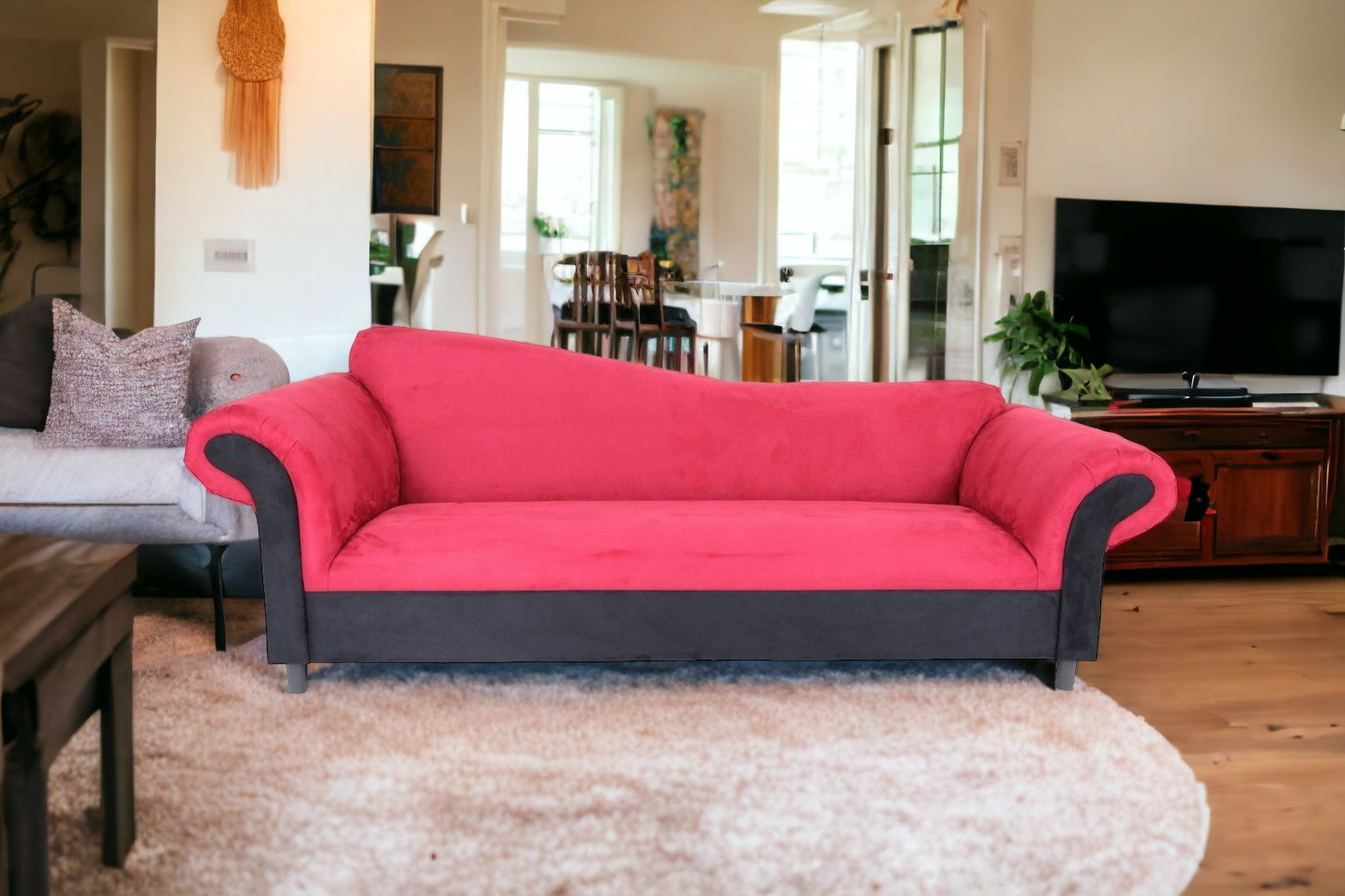 98" Red Velvet And Black Settee