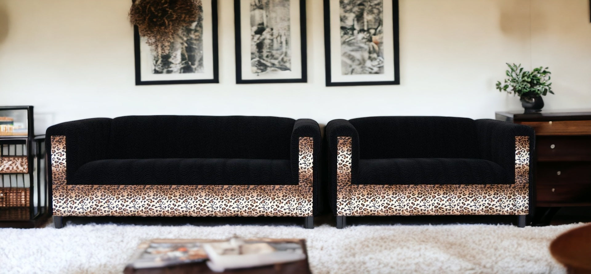 Two Piece  Leopard and Black Five Person Seating Set