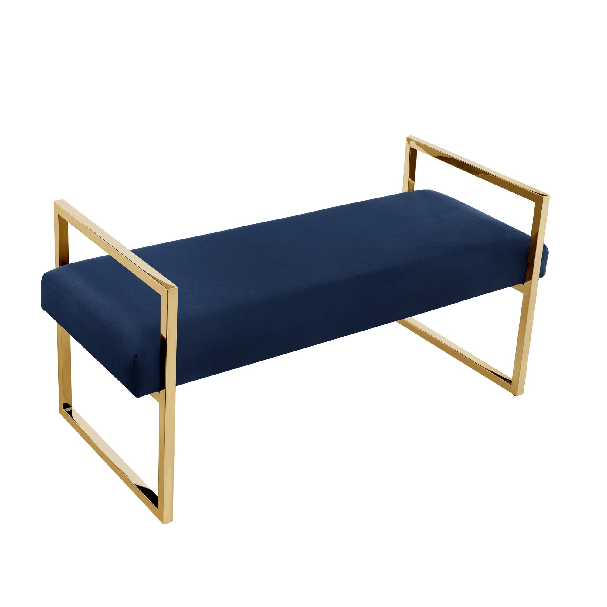 21" Navy Blue And Gold Upholstered Velvet Bench