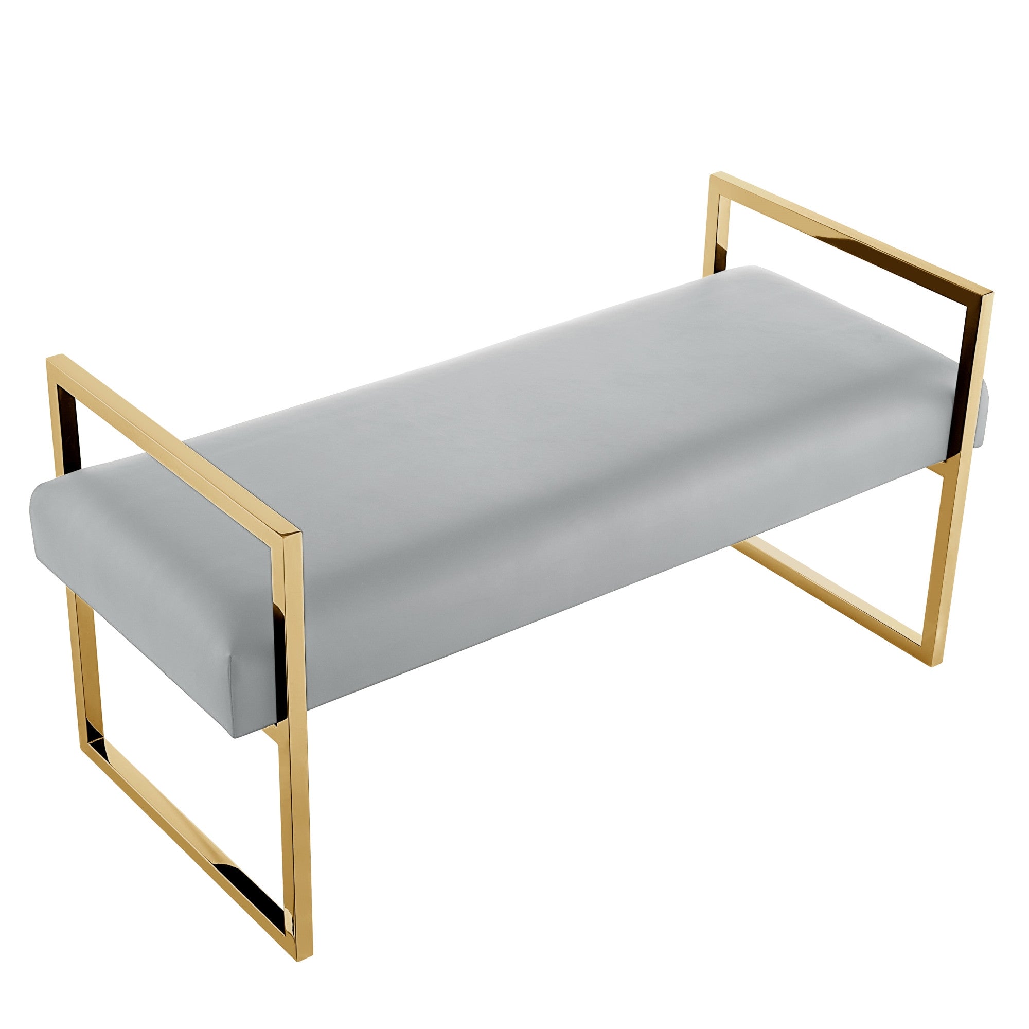 21" Gray And Gold Upholstered Faux Leather Bench