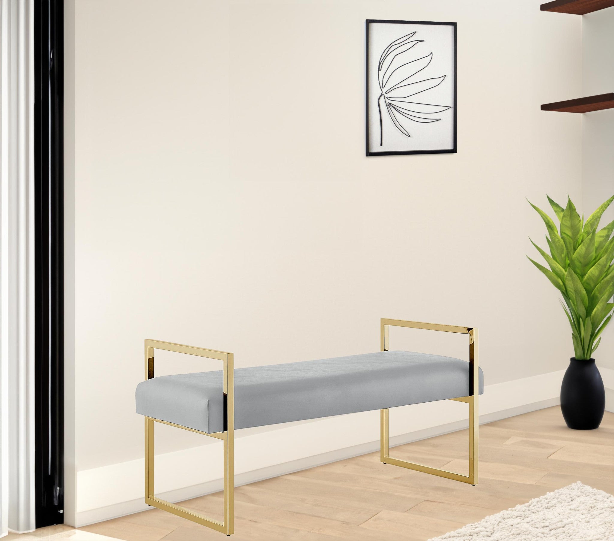 21" Gray And Gold Upholstered Faux Leather Bench