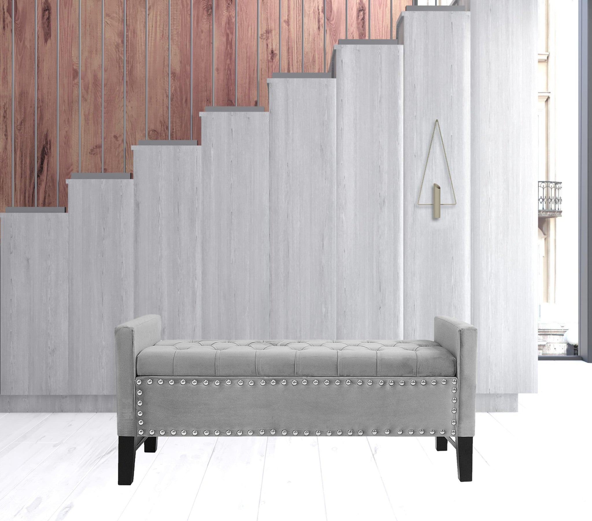 50" Light Gray and Black Upholstered Velvet Bench with Flip top, Shoe Storage