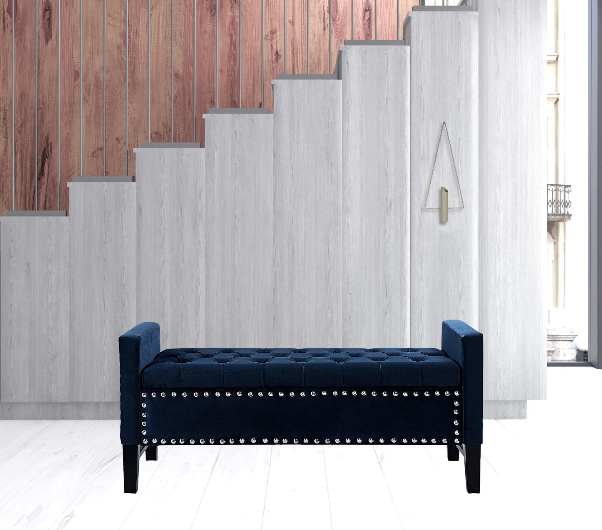 50" Navy Blue and Black Upholstered Velvet Bench with Flip top, Shoe Storage