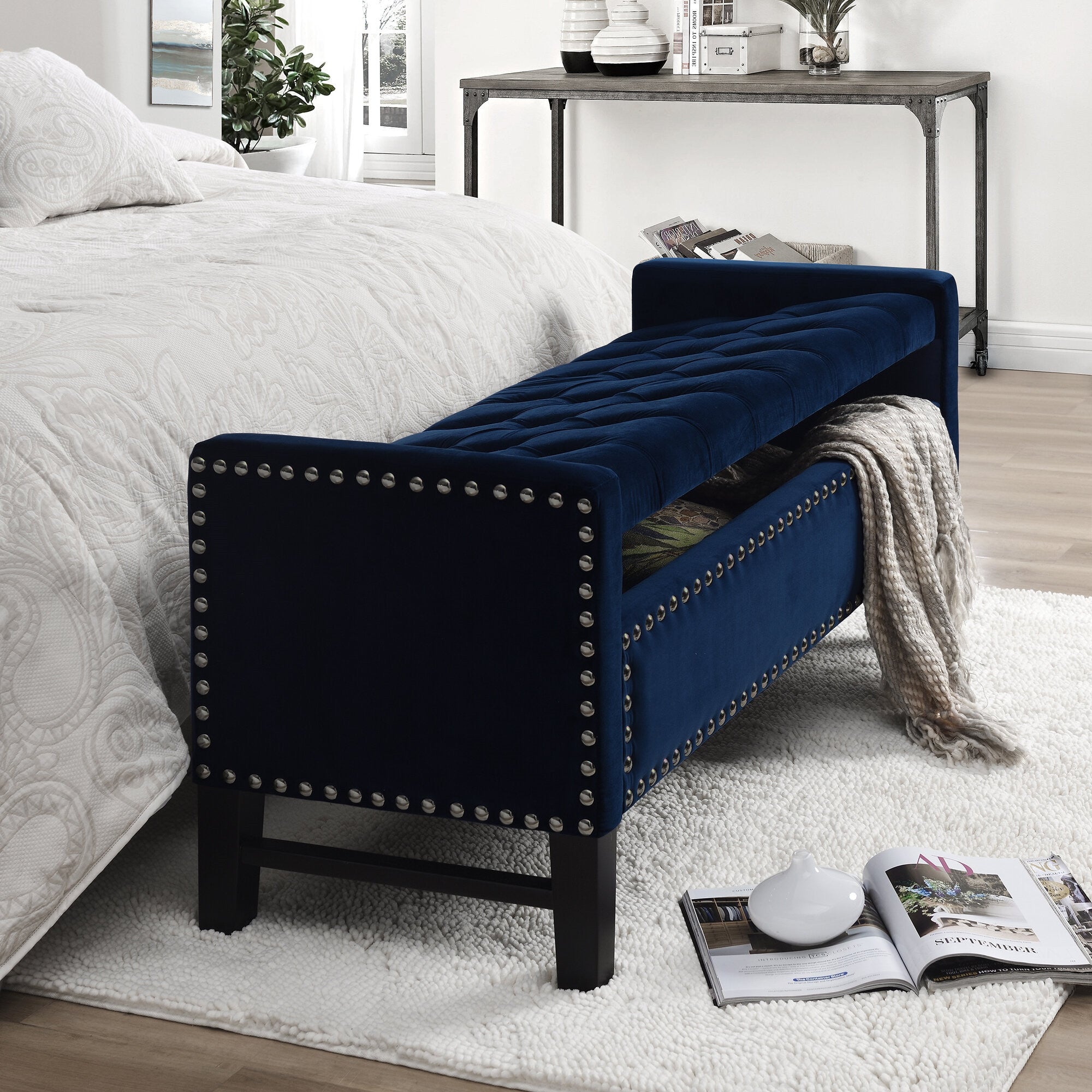 50" Navy Blue and Black Upholstered Velvet Bench with Flip top, Shoe Storage