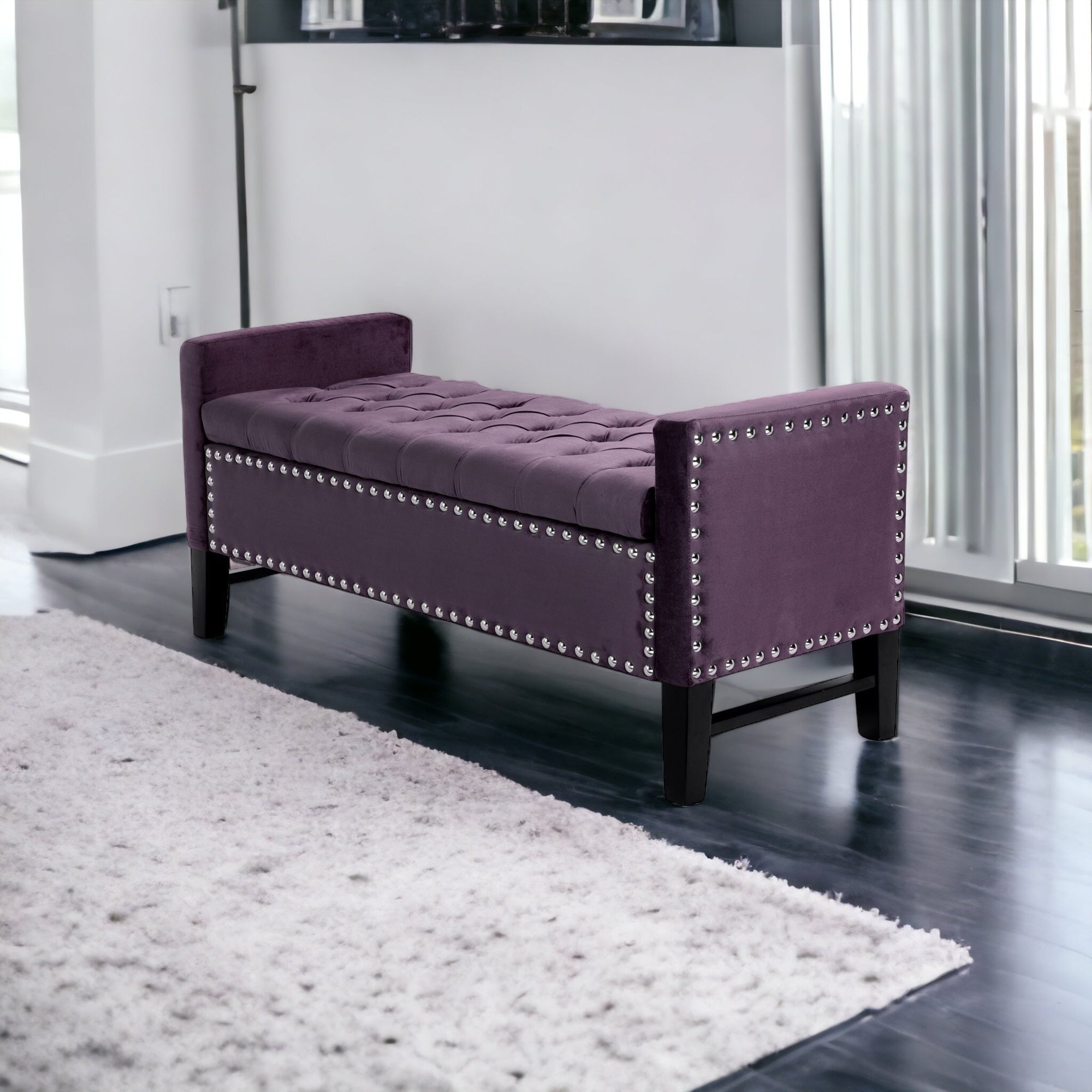 50" Plum and Black Upholstered Velvet Bench with Flip top, Shoe Storage