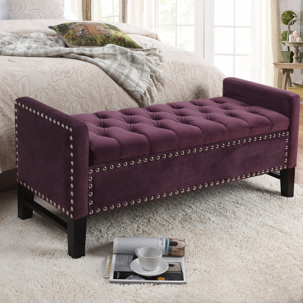 50" Plum and Black Upholstered Velvet Bench with Flip top, Shoe Storage