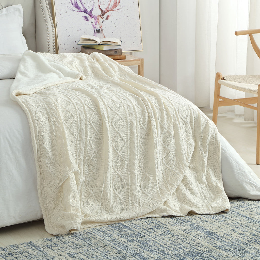 Cream Knitted Acrylic Solid Color Throw Blanket