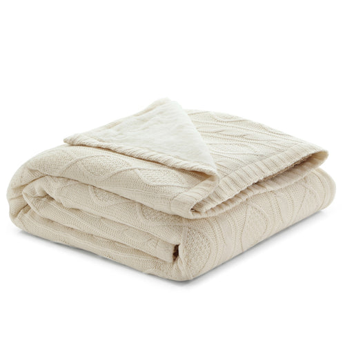 Cream Knitted Acrylic Solid Color Throw Blanket