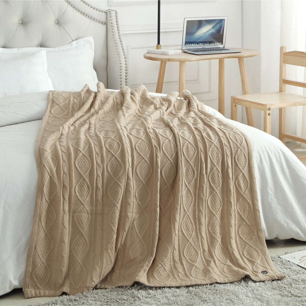 Taupe Knitted Acrylic Solid Color Throw Blanket