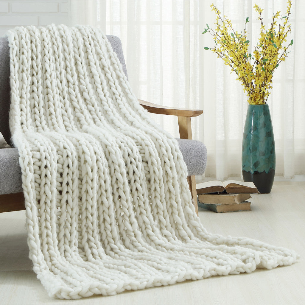 Cream Knitted Polyester Solid Color Throw Blanket