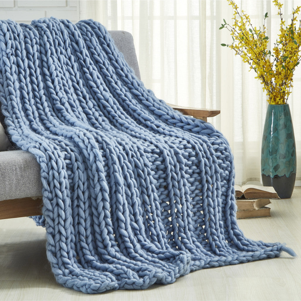 Light Blue Knitted Polyester Solid Color Throw Blanket