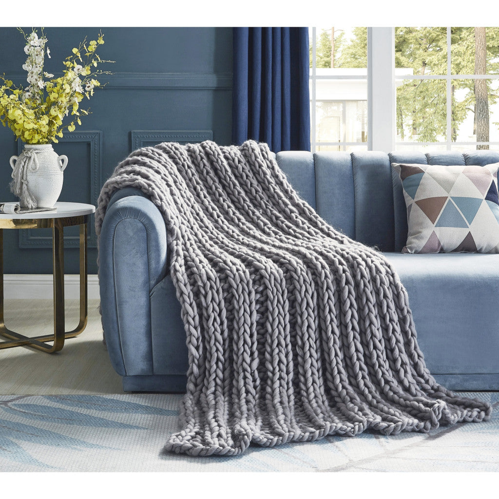 Light Gray Knitted Polyester Solid Color Throw Blanket