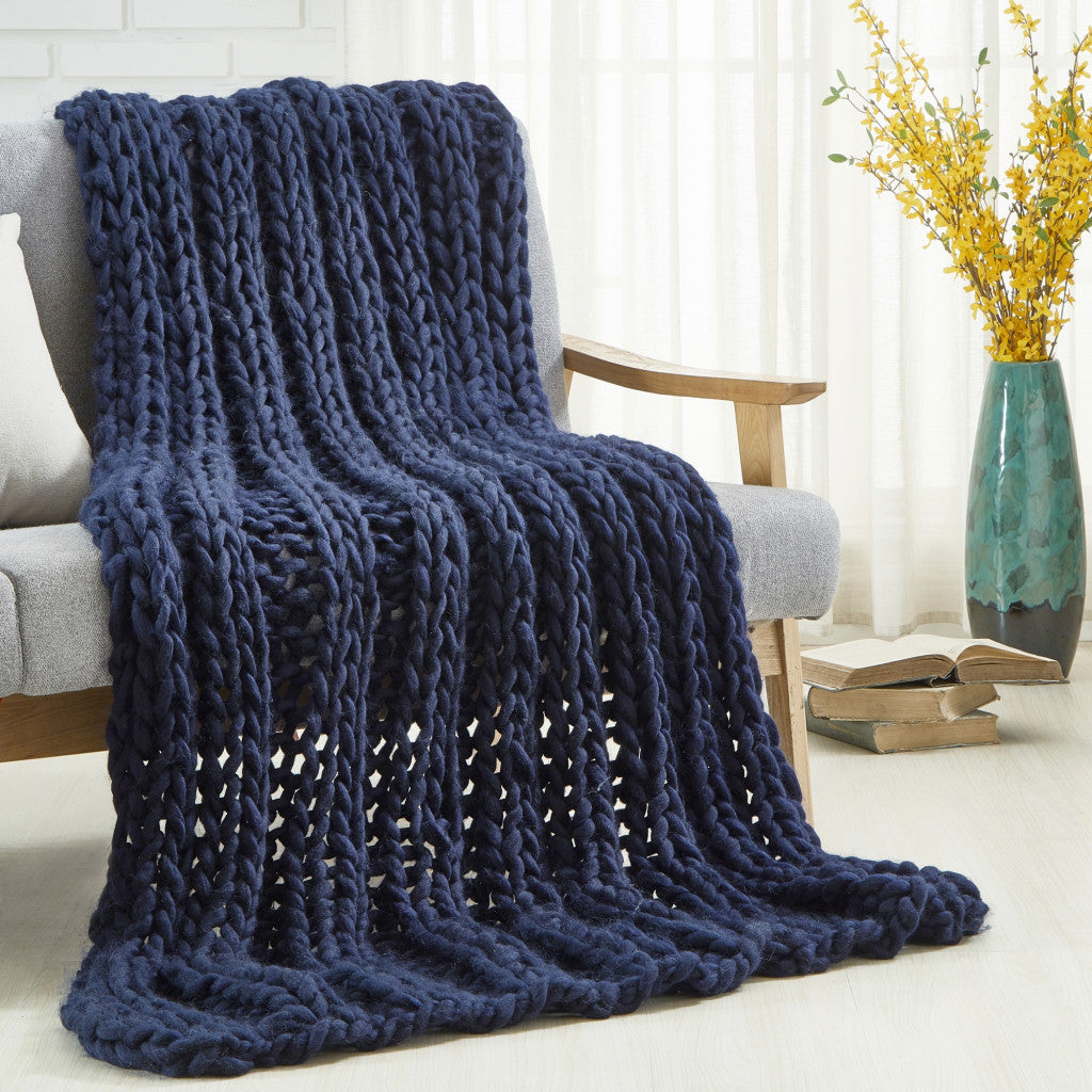 Navy Blue Knitted Polyester Solid Color Throw Blanket